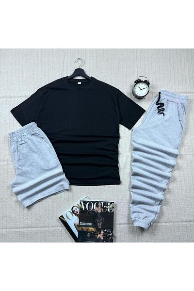 khufu Oversize Black Relaxed Fit T-shirt Gray Shorts Tracksuit 3-Piece Set Unisex