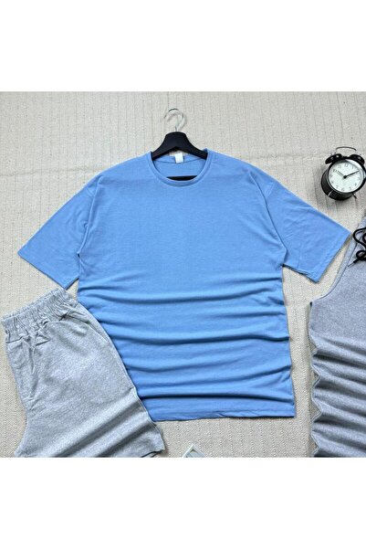 khufu Oversize BabyBlue Relaxed Cut T-shirt Γκρι σορτς αθλητική φόρμα 3 τεμαχίων Unisex