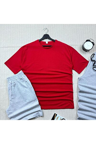 khufu Oversize Red Relaxed Fit T-shirt Gray Shorts Tracksuit 3-Piece Set Unisex