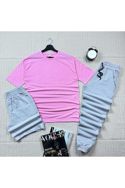 khufu Oversize Pink Relaxed Fit T-shirt Gray Shorts Tracksuit 3-Piece Set Unisex