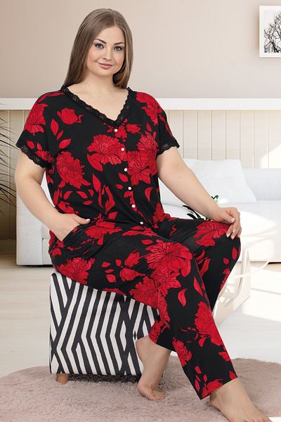 quilling Black Color and Floral Pattern Lady 10976 Women's Short Sleeve Plus Size Pajamas Set