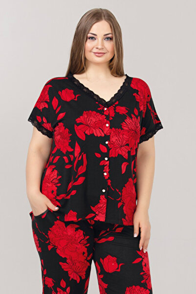 quilling Black Color and Floral Pattern Lady 10976 Women's Short Sleeve Plus Size Pajamas Set