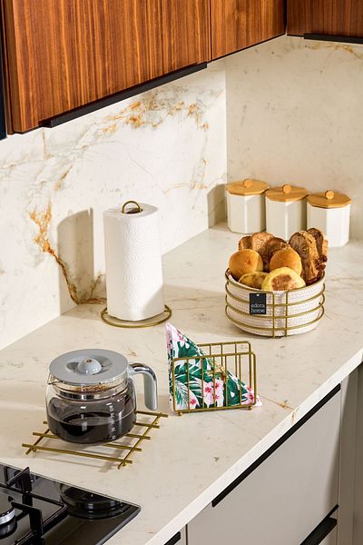 Edora Home Gold 4-Piece Serving Presentation Set, Napkin Holder, Paper Towel Holder, Bread Macrame, Trivet - Metal Stainless