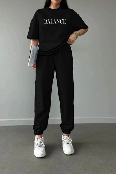 Josette Balance T-Shirt Sweatpants Jogger- Μαύρη στάμπα στο κάτω μέρος Φούτερ κοστούμι Oversize Crew Neck