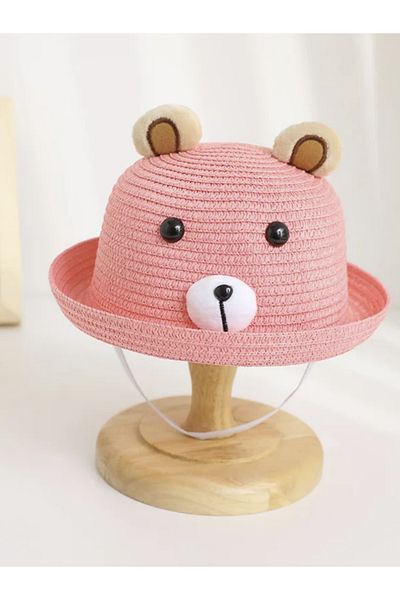 pouniq Light Pink Children's Straw Hat with Teddy Bear Figure for 1-6 Years