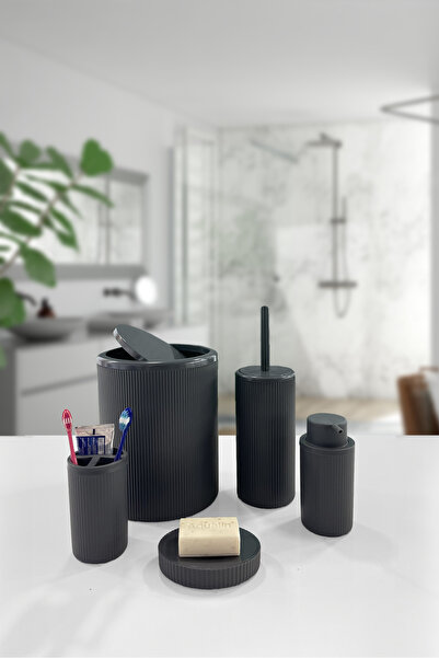 BİLTAŞ PLASTİK طقم حمام Auaro 5 قطع رمادي مخطط دائري 5 قطع صديق للبيئة