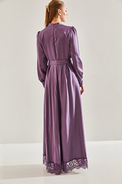 Bianco Lucci Modest Kadın Etek Ucu Dantelli Yakası ve Kolu Taşlı Saten Tesettür Elbise 60191005