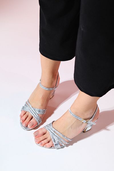 LuviShoes LOTA Silver Patterned Women's Thick Heeled Evening Dress Shoes