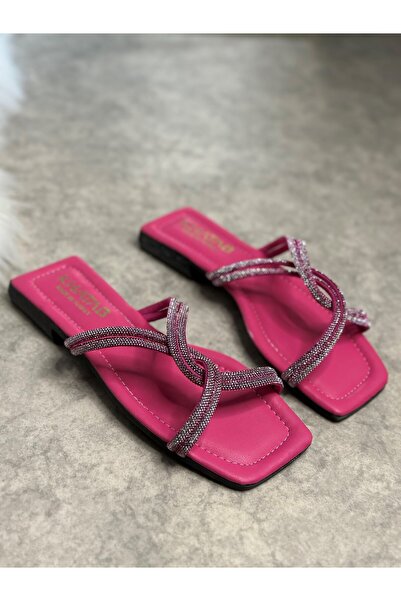 Allyup Daily Fuchsia Women's Slippers Cross Stoned Blunt Toe Low Heel Comfortable Sole Lightweight Summer 22