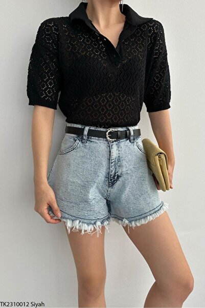 De Pose Pulover de sezon ajurat pătrat cu gât polo