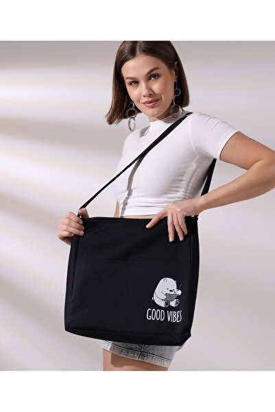 Toz Vintage Ayı Figürlü Fermuarlı Bez Kol Omuz Çantası