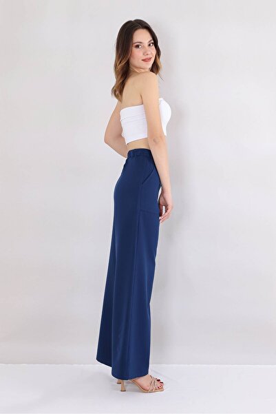 Fashion Showcase Wide Leg Pocket Detailed Trousers - Navy Blue