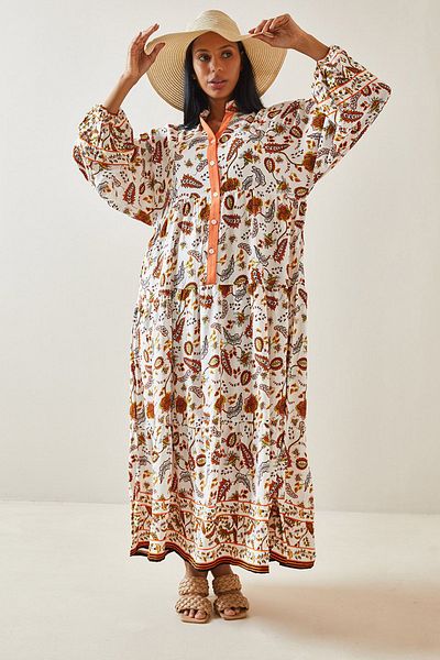 XHAN Oranges Maxikleid mit Ballonärmeln und Knöpfen und Blumendruck 5YXK6-48258-11