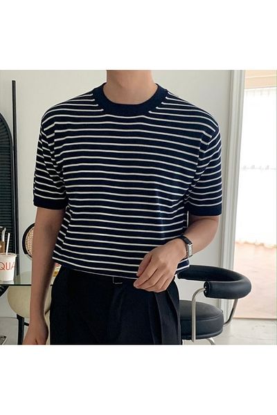 Tarz Cool Men's Navy Blue Short Sleeve Ribbed Acrylic-Cotton Blended Knitwear T-Shirt
