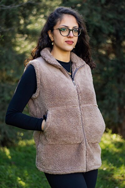 Azıcık Akıllı Women's Mink Milk Brown Stand Collar Thick Plush Zippered Vest 24KYLKK215