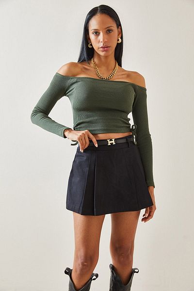 XHAN Khaki Side Gather Detailed Boat Neck Camisole Blouse 5YXK2-48292-09
