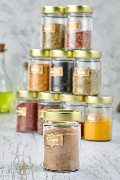 vipgross Gold Set - 10 Pieces Glass Spice Jar with Metal Lid 500 Cc - Glass Jar Set 10 Spice Jars