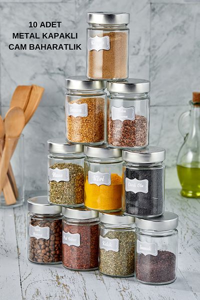 vipgross Chrome Set - 10 Pieces Spice Jar with Glass Metal Lid 500 Cc - Glass Jar Set 10 Spice Jar Jar