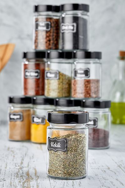 vipgross Black Set - 10 Pieces Glass Spice Jar with Metal Lid 500 Cc - Glass Jar Set 10 Spice Jar Jar