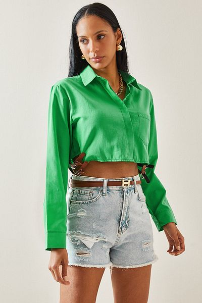 XHAN Green Buckle Detailed Single Pocket Crop Shirt 5YXK2-48254-08