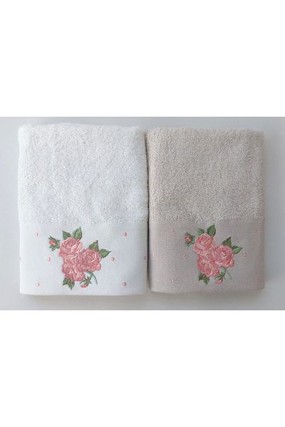 EMİLLİE Rose Bamboo Embroidered Set of 2 Towels - 50x90cm