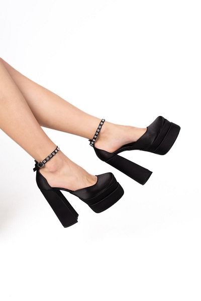 Karınca 5-9335 Pantofi de damă cu platformă de 15 cm, cu toc gros și înalt, gleznă, culoare satin negru