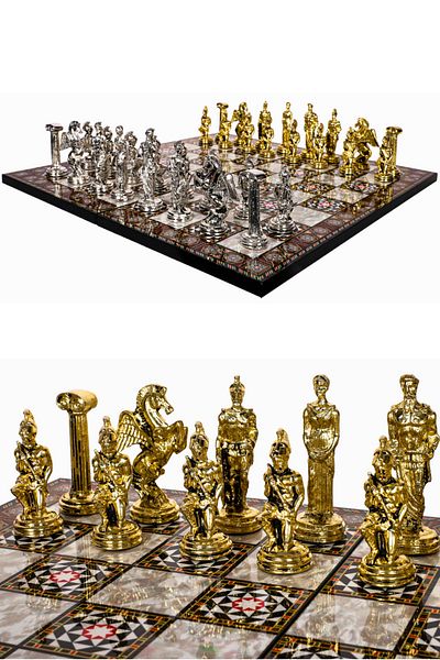 Cooper Chess Large Metal Chess Set| 44cm Mosaic Patterned Chessboard| Pegasus Mythological Antique Figured