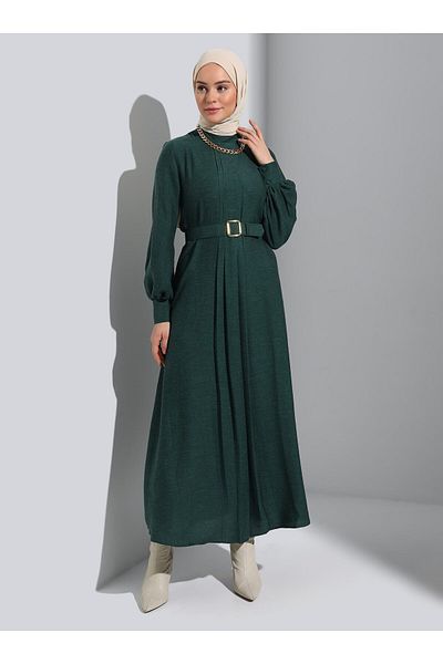 Refka Belt Detailed Hijab Dress - Emerald Green - Refka