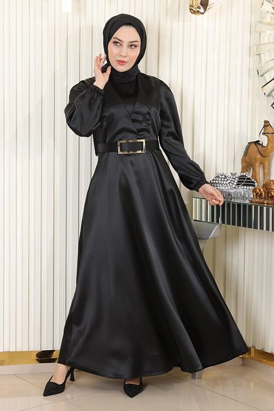 Modamihram Belted Satin Evening Dress Black 19191