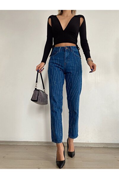 Durushbutikk Taşlı Mom Jean Mavi