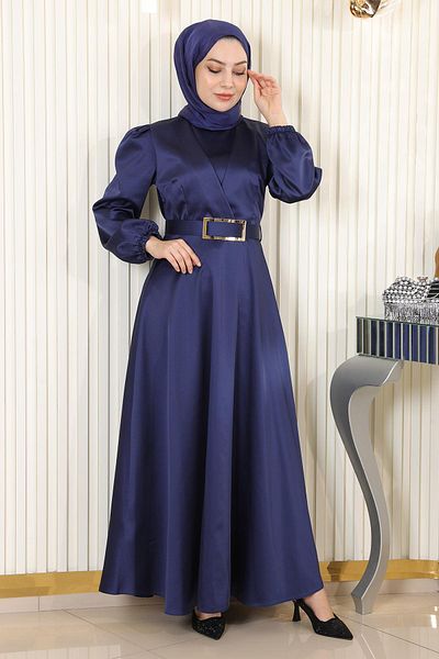Modamihram Belted Satin Evening Dress Indigo 19191