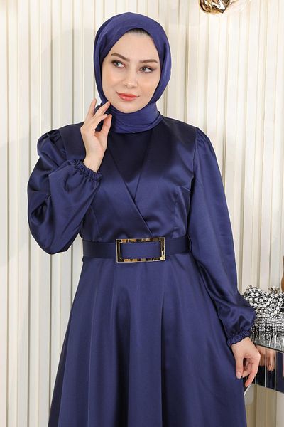 Modamihram Belted Satin Evening Dress Indigo 19191