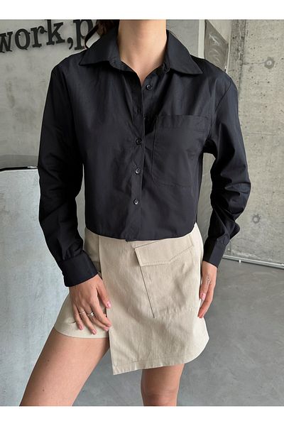 Laluvia Schwarzes Crop-Hemd mit Taschen