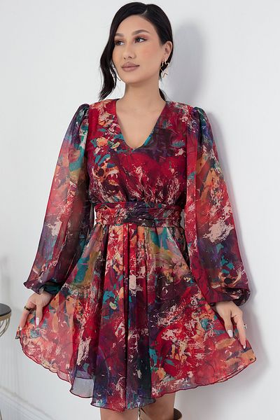 PULLIMM Long Sleeve V-Neck Chiffon Dress - GRS3363