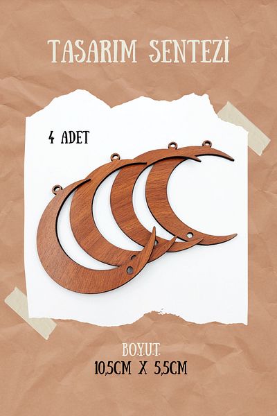 Tasarım Sentezi Wooden Crescent Figure Moon Symbol Decorative Ornament Moon Wall Pattern Icon Walnut Color X 4 Pieces