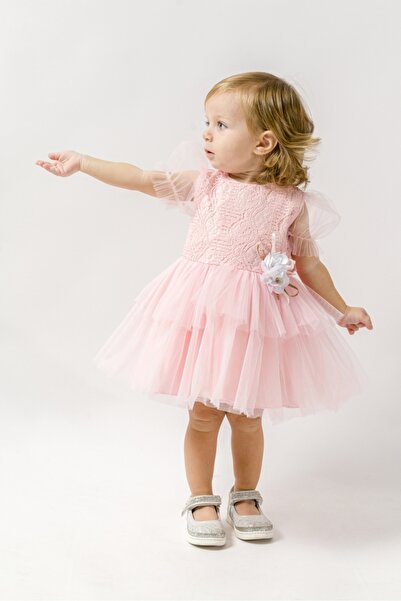 Canwin dantel ve çiçek detaylı özel gün kız bebek abiye elbise