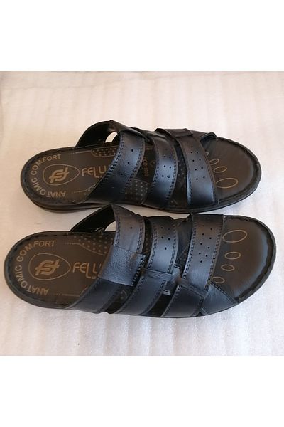 FELLUCE Black Genuine Leather Three-Stripe Soft Polyurethane Non-Slip Sole Unisex Slippers