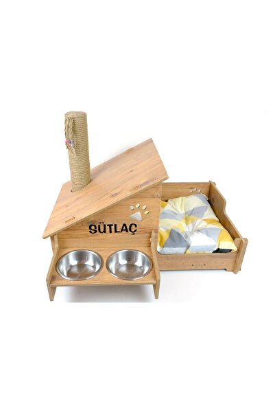RealWood Ahşap Kedi Evi - Mama Kabı - Özel Isim Baskılı - Tırmalama Çubuklu -Meşe Mdf - Çelik Kase - 2*400ml
