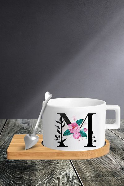 yhfoto Cup Set with Letter M - Cup - Spoon and Saucer - Tkm17