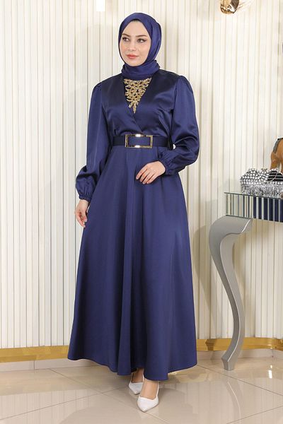 Modamihram Stone Detailed Satin Evening Dress Indigo 19901