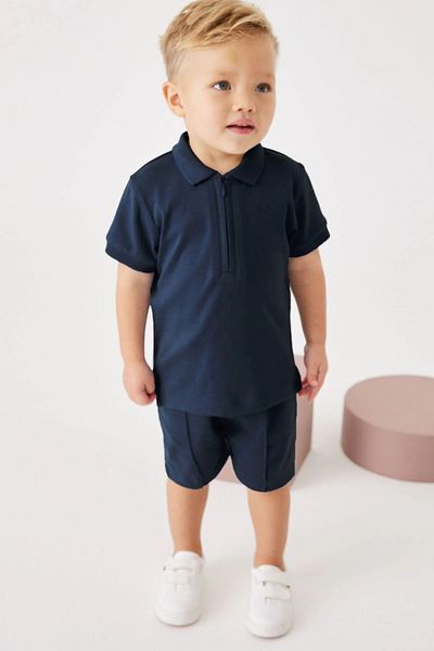 Ladin Store New Season Ανδρικό Παιδικό Seersucker Ύφασμα Navy Blue Χρώμα Polo Λαιμόκοψη Βαμβακερό 2 τεμάχιο κάτω-κορυφή σορτς