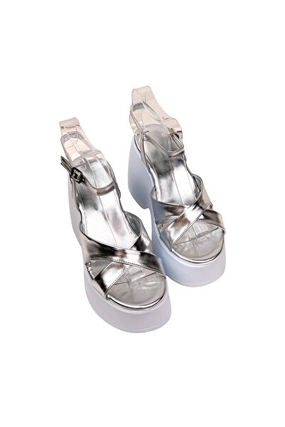 bescobel Women's Retyan Silver High Wedge Heel Cross Strap Sandals 10 CM DLG20