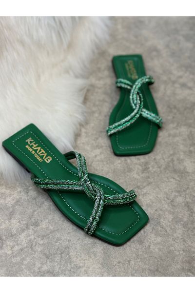 Nstil Daily Women's Green Slippers Cross Stoned Blunt Toe Low Heel Comfortable Sole Lightweight Summer 22