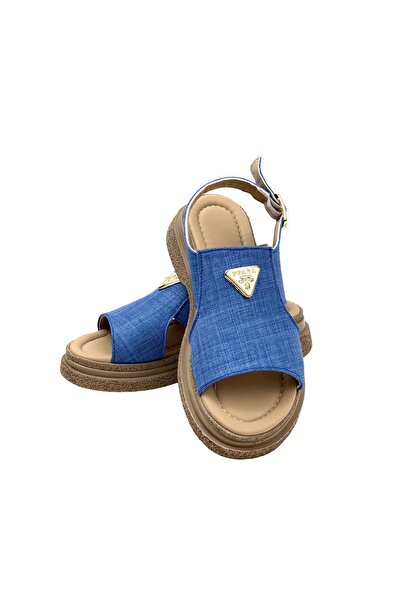 bescobel Kadın Rada KoyuMavi Keten Bilekten Bağlamalı Sandalet 4 Cm sn100