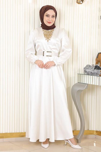 Modamihram Stone Detailed Satin Evening Dress White 19901