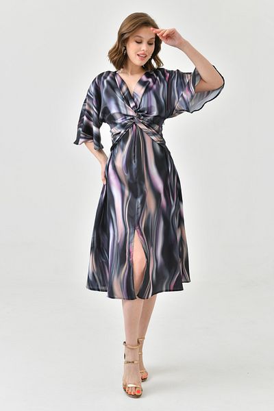 bayansepeti Silk Satin Fabric Slit Detailed Printed Wide Sleeve Double Breasted Collar Satin Evening Dress 24Y2252