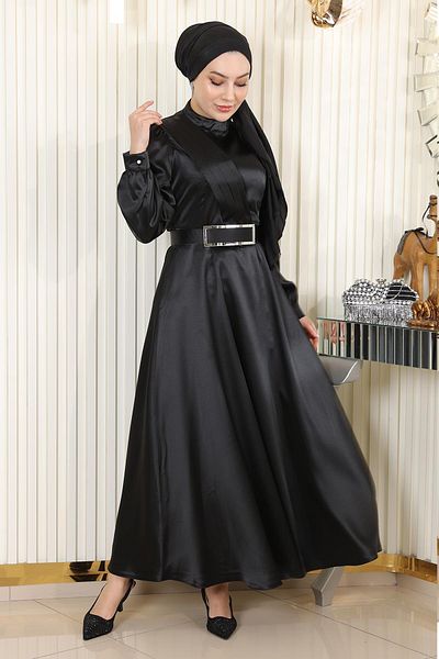 Modamihram Draped Satin Evening Dress Black 19192