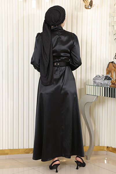 Modamihram Drapiertes Satin-Abendkleid Schwarz 19192