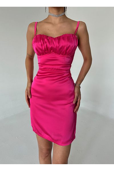 Laluvia Rochie mini din satin cu bretele fucsia