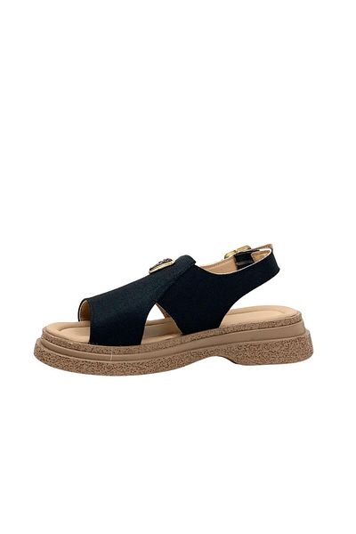 bescobel Women's Rada Black Linen Ankle Strap Sandals 4 Cm sn100